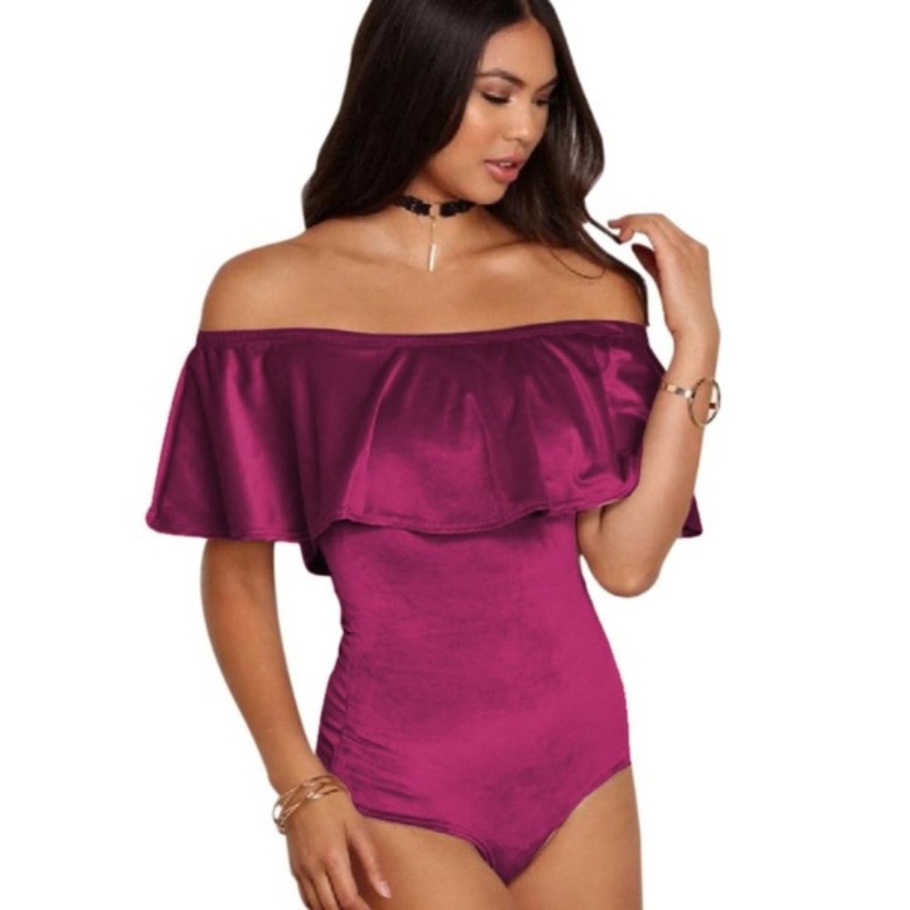 Hummingbird Wine Stretch Velvet off the shoulder Ruffle Bodysuit Size M
